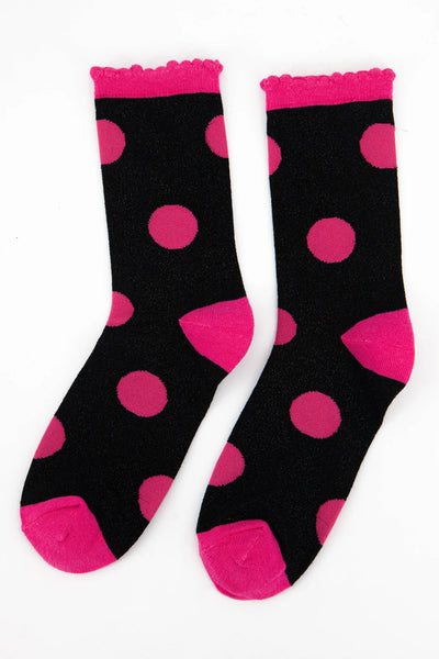 Women's Glitter Socks - Black/Hot Pink, Large Polka Dot