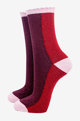 Women's Berry/Red Colour Block Glitter Socks