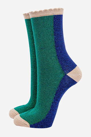 Women's Forest Green/Navy Blue Colour Block Glitter Socks