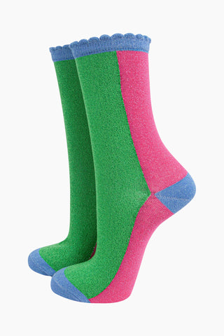 Women's Glitter Socks - Lime/Hot Pink, Colour Block