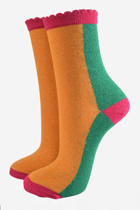 Women's Glitter Socks - Orange/Green, Colour Block