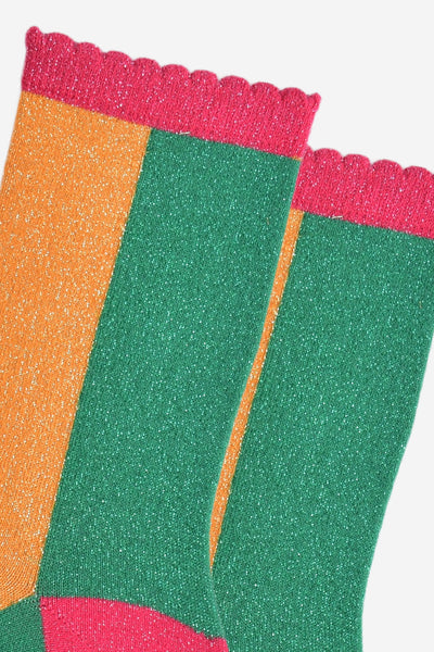 Women's Glitter Socks - Orange/Green, Colour Block