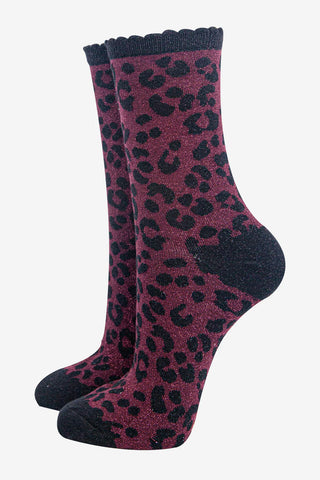 Women's Berry Leopard Print Glitter Socks