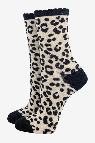 Women's Cream Leopard Print Glitter Socks