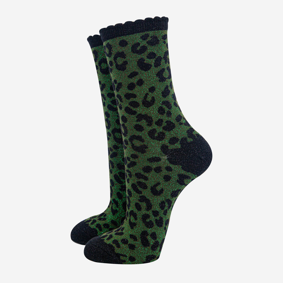 Women's Khaki Leopard Print Glitter Socks