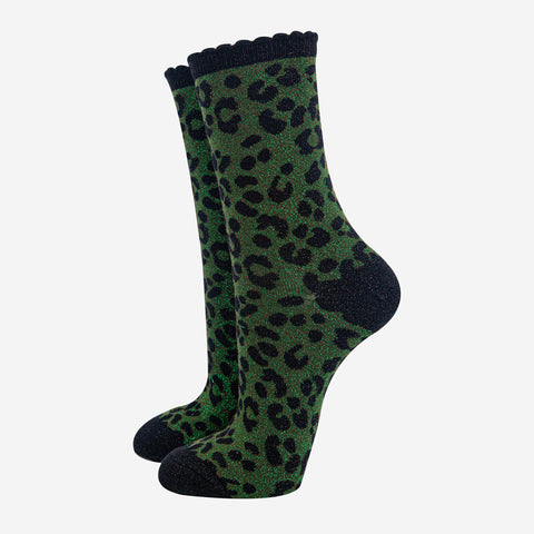 Women's Khaki Leopard Print Glitter Socks