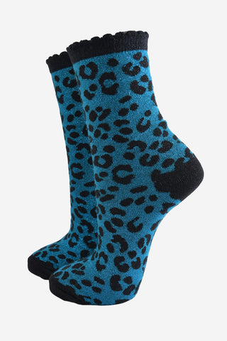 Women's Glitter Socks - Teal & Black Leopard Print