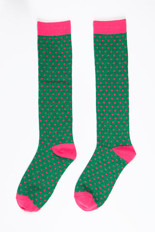 Women's Knee High Glitter Socks - Green/Pink, Small Polka Dots