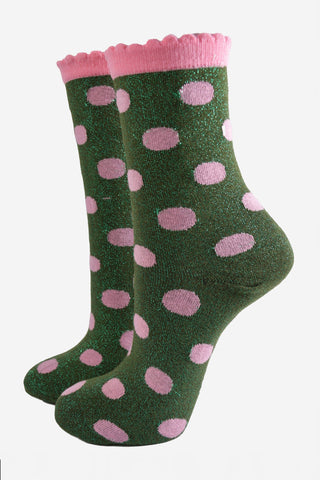 Women's Glitter Socks - Khaki/Light Pink, Medium Polka Dots