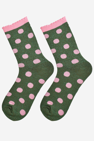 Women's Glitter Socks - Khaki/Light Pink, Medium Polka Dots