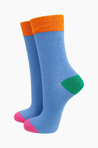 Women's Glitter Socks - Blue/Orange Colour Burst