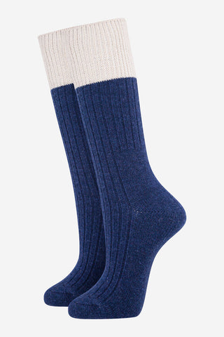 Women's Wool Blend Mid-Calf Socks- Navy Blue/Cream, Colour Block