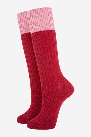 Women's Wool Blend Mid-Calf Socks- Red/Pink, Colour Block