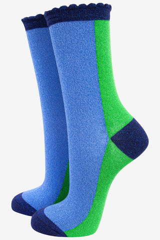 Women's Cotton Glitter Socks - Scalloped Top - Colour Block Blue Green