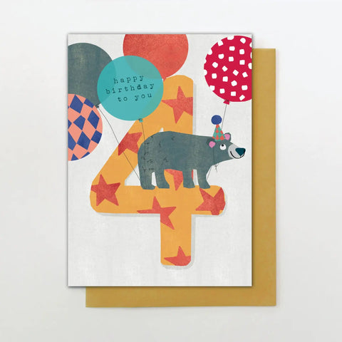 Happy Birthday Card | Age 4 Bear & Balloons