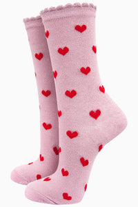 Womens Heart Print - Cotton Glitter Socks with Scalloped Edge in Pink
