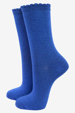 Women's Cotton Glitter Ankle Socks Scalloped Cuff in Electric Blue