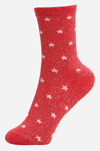 Women's Glitter Socks - Red & White Stars