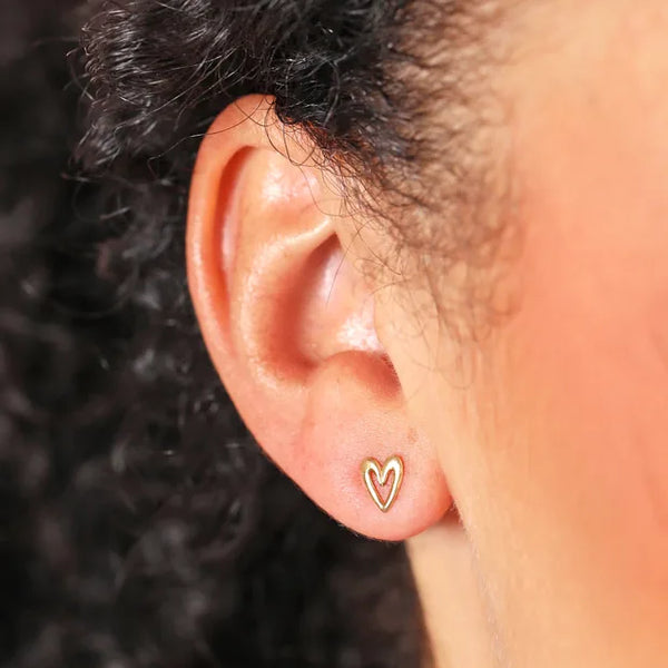 Sterling Silver Heart Outline Stud Earrings in Gold