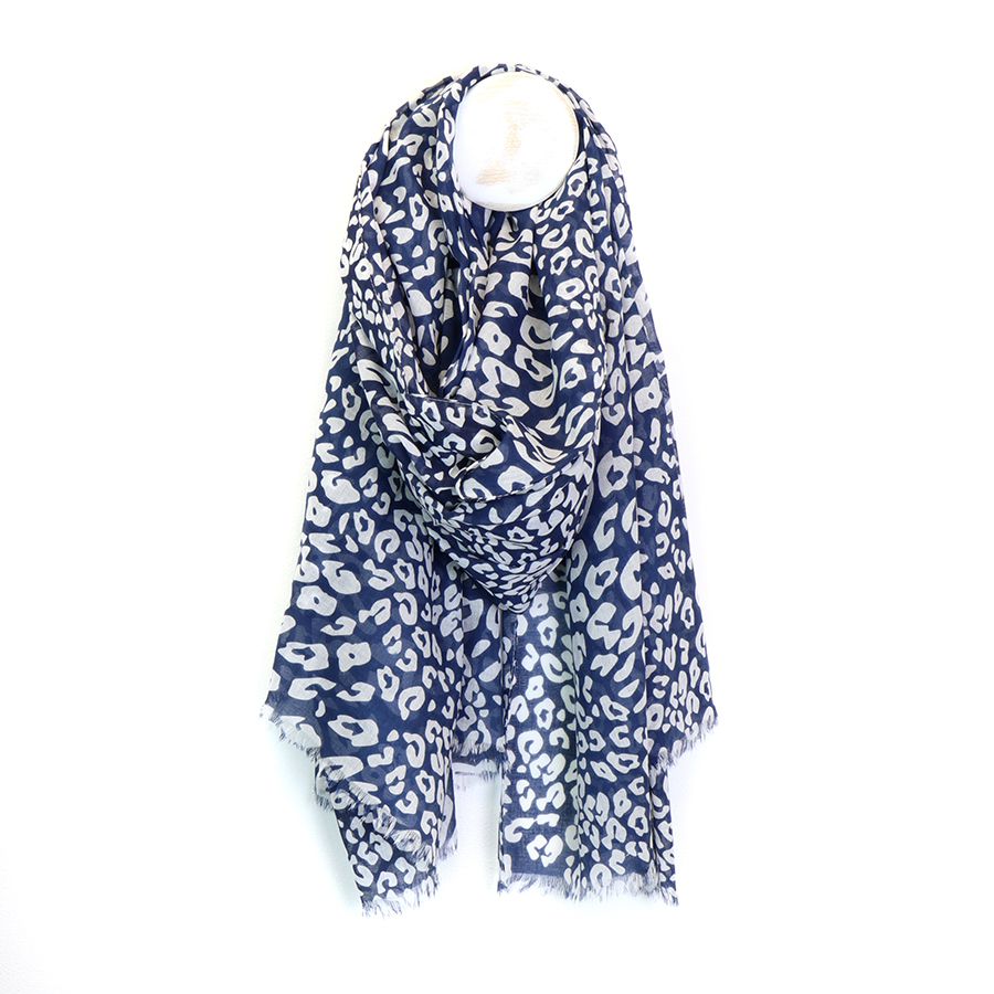 White and Navy Blue Cotton Animal Print Scarf