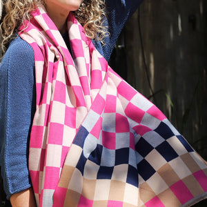 Chequerboard Jacquard Scarf in Bright Pink and Beige