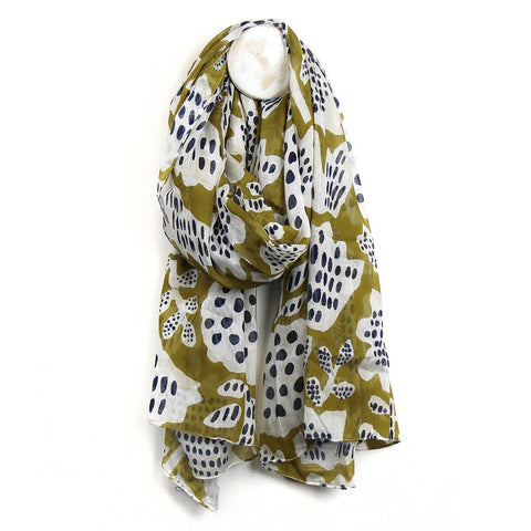 Organic Cotton Olive Green Abstract Tulip Print Scarf