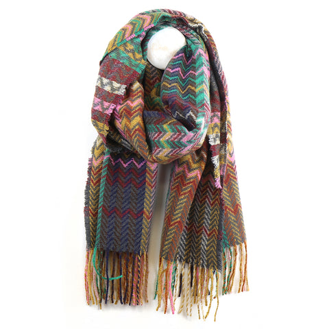 Dark Taupe, Jade and Pink Mix Zig-Zag Scarf