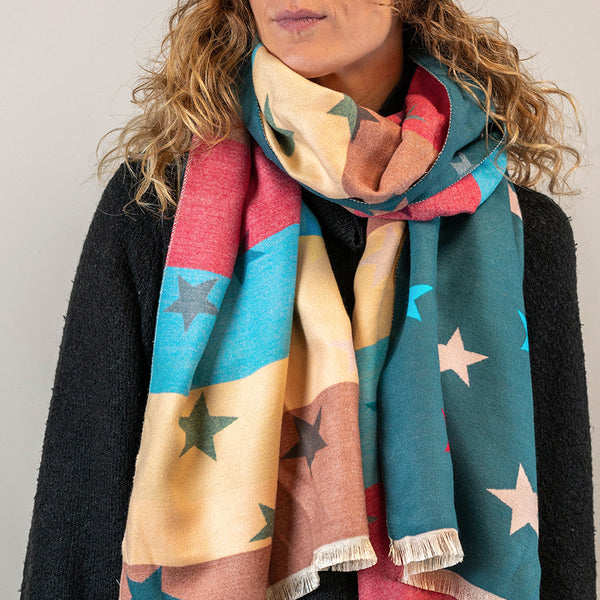 Teal Mix Star and Stripe Jacquard Scarf