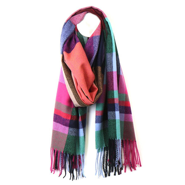 Orange and Navy Mix Check Scarf with Fringe