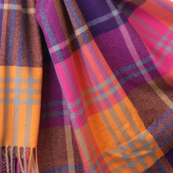 Pink and Orange Mix Check Scarf with Tassels