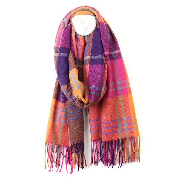 Pink and Orange Mix Check Scarf with Tassels