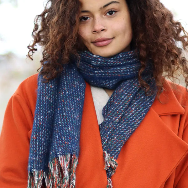 Navy Scarf with Stitch Weave and Tassels