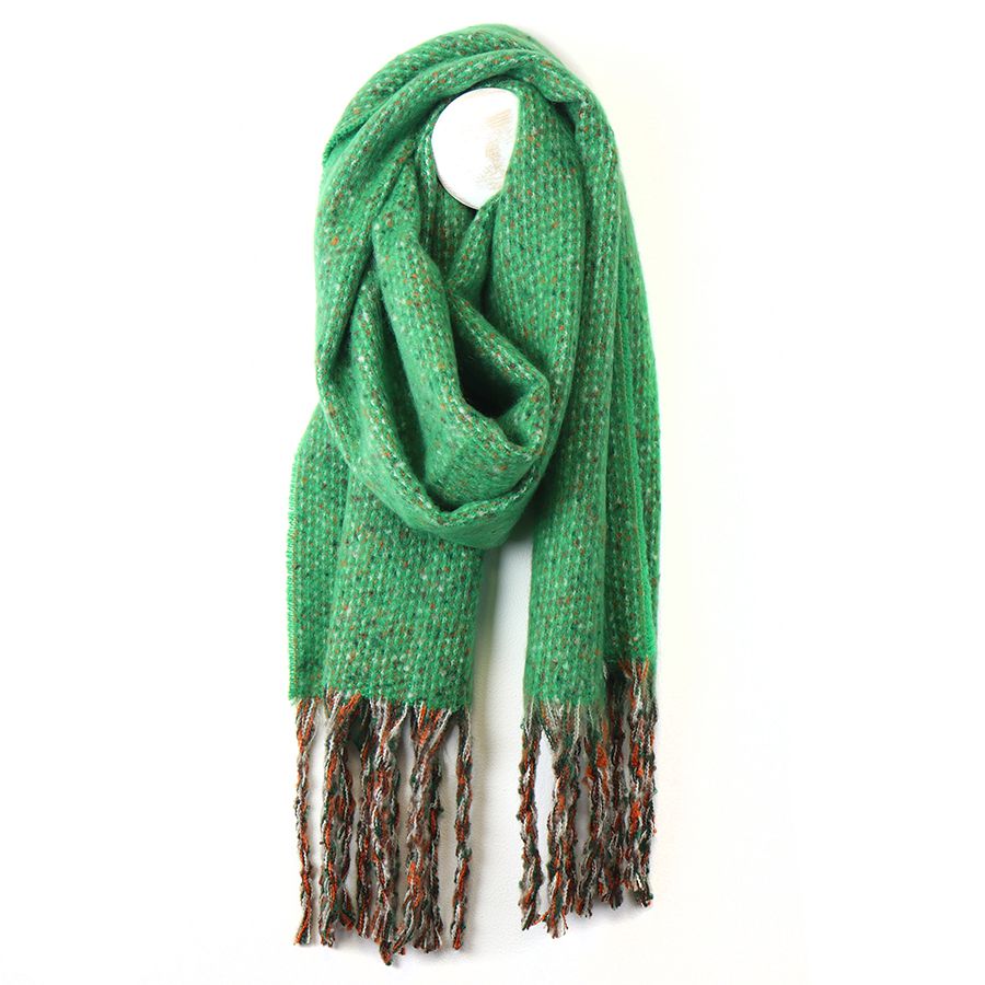 Green Scarf with Stitch Weave and Tassels