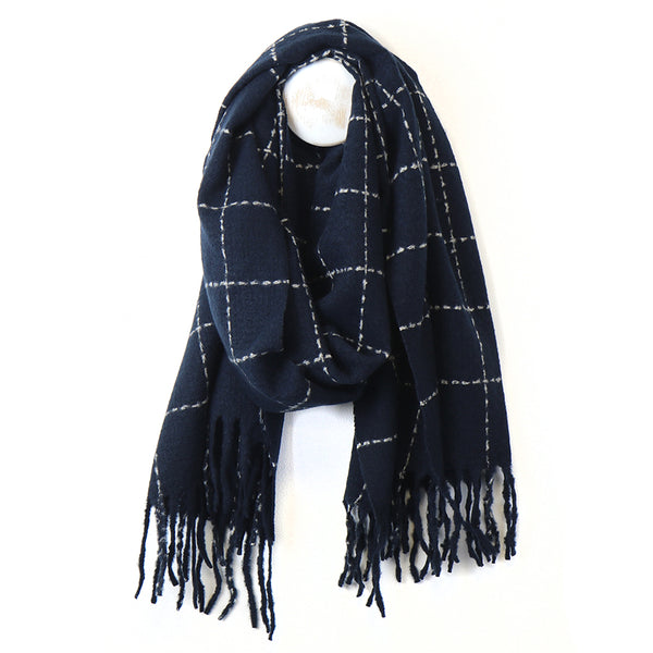 Navy Running Stitch Check Scarf