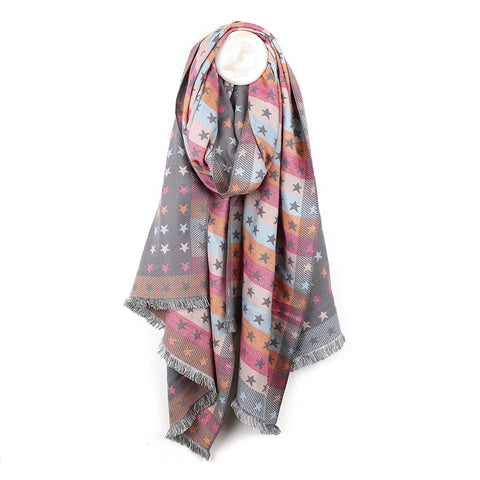 Pale Grey and Multi Jacquard Stripes and Stars Scarf