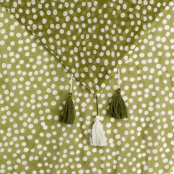 Olive Dotty Print Cotton Scarf with Tassels