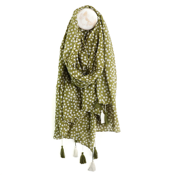 Olive Dotty Print Cotton Scarf with Tassels