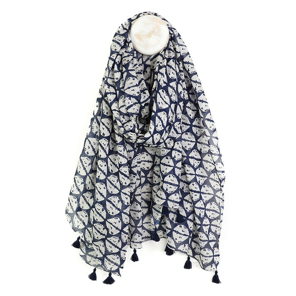 Navy and White Abstract Cowrie Cotton Scarf
