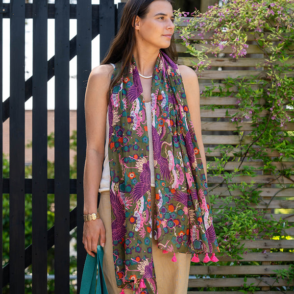 Khaki Mix Cotton Bird of Paradise Print Scarf