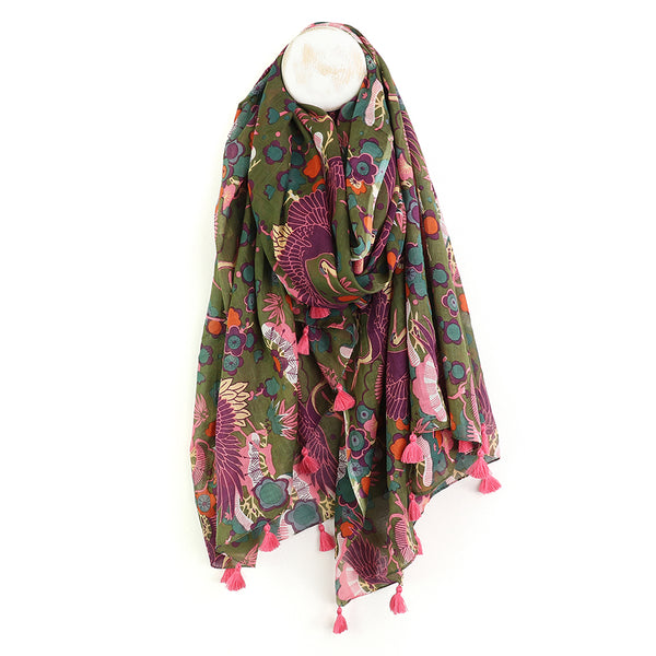 Khaki Mix Cotton Bird of Paradise Print Scarf
