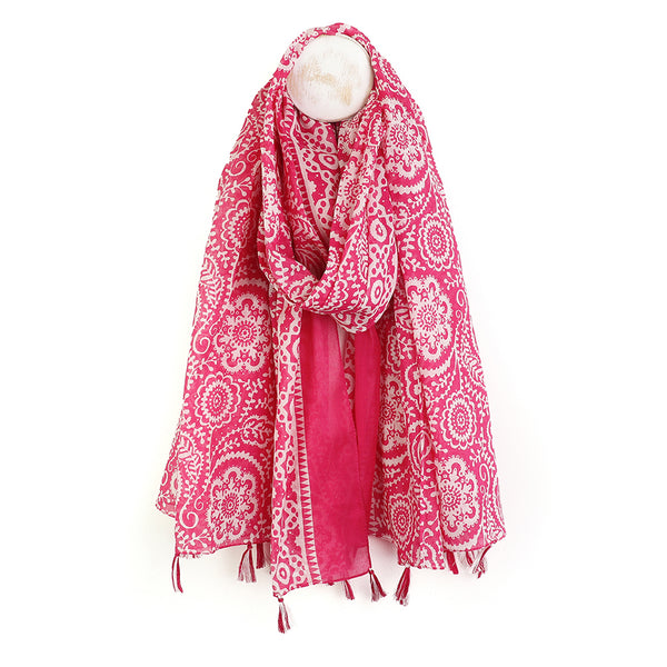 Cerise Cotton Paisley Floral Print Scarf