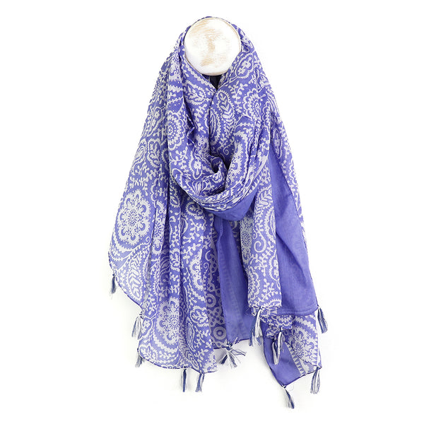 Blue Cotton Paisley Floral Print Scarf