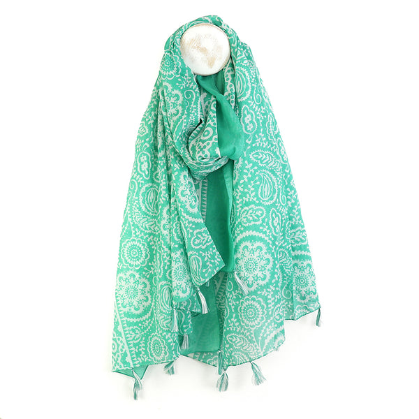 Mint Green Cotton Paisley Floral Print Scarf