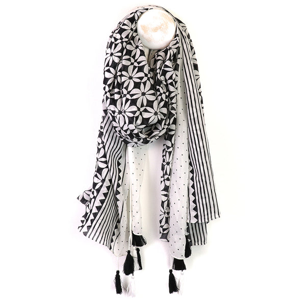 Monochrome Graphic Repeat Print Cotton Scarf