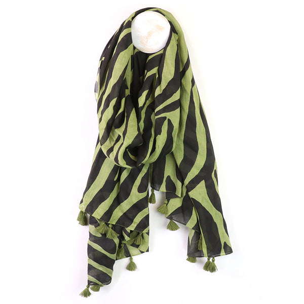 Green and Black Cotton Zebra Stripe Scarf