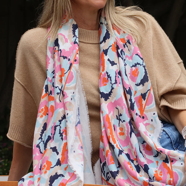 Recycled White and Coral Abstract Ikat Scarf