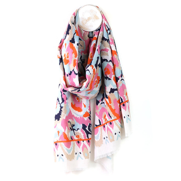 Recycled White and Coral Abstract Ikat Scarf