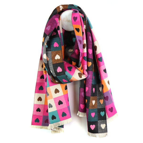 Pink Mix Heart Chequerboard Print Jacquard Scarf