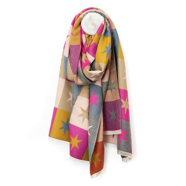 Mustard & Pink Mix Chequerboard Stars Reversible Scarf