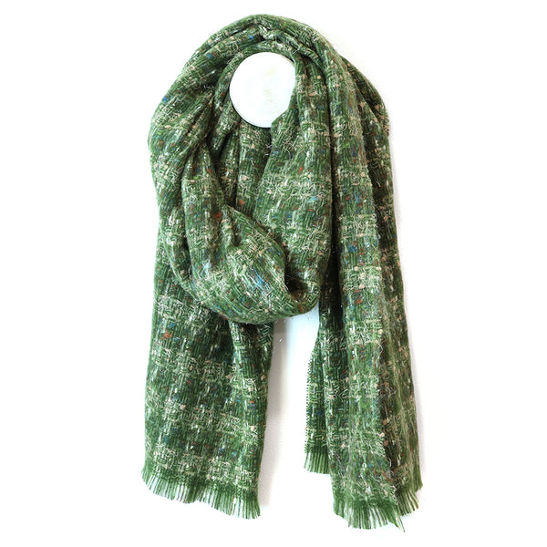 Forest Green Mix Check Weave Scarf with Metallic Thread